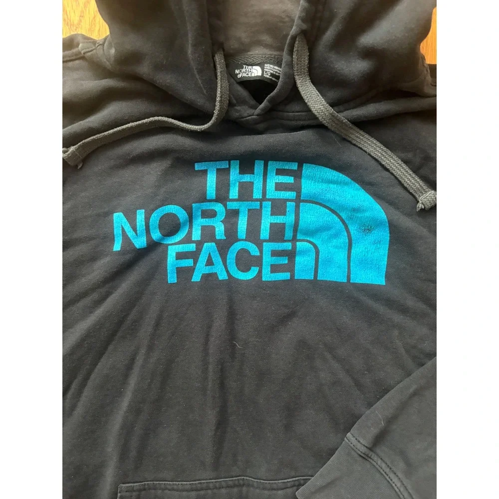 The North Face Mens Black Hoodie Blue Logo Pullover Sweatshirt Large